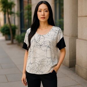 Ulla Johnson Abstract Loose Fit Scoop Neck Short Sleeve Top SZ M Cream Black